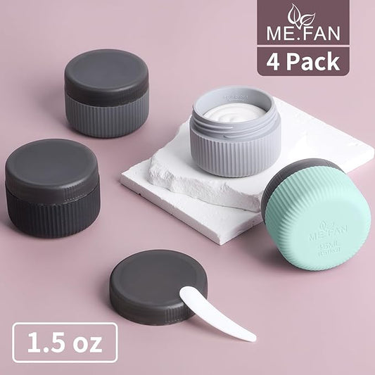 ME.FAN Travel Containers for Toiletries, TSA Approved 1.5 oz Silicone Cream Jars, Leak-proof Journey Containers, Trip Accessories with Lid for Cosmetic Face Hand Body Cream 4 Pack Black Lid - Grey