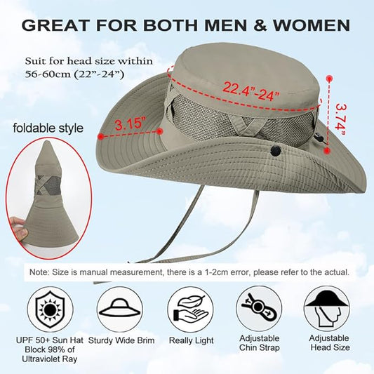 Fishing Hat UPF50+ Wide Brim Sun Hat for Men Women, Water Resistant Summer Sun Protection Safari Hat Hiking Bucket Hat