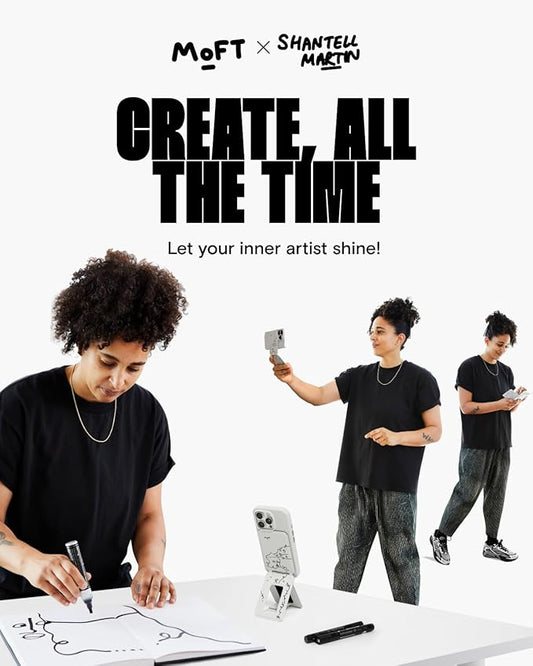 MOFT Phone Tripod Stand Selfie Stick x Shantell Martin for iPhone, Multi-Angles iPhone Stand, Lightweight & Portable Phone Holder, Strong Magnets, MOVAS Vegan Leather, Misty Cove (Without Card Slot)