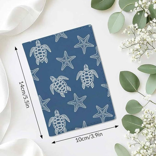 Sea Turtle Line Passport Holder for Travel Starfish Ocean Underwater Life PU Leather Passport Cover Wallet Cute Passport Card Holder for Women and Men