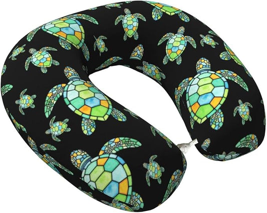 Neck Pillow Memory Foam Chin Cushion with Breathable Cover Space Watercolor Turtle Black, Cute Airplane Car Pillows for Office Head Pain Relief