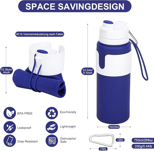 Collapsible Water Bottles for Travel - 26oz BPA-Free Foldable with Carabiner, Lightweight Leak-Proof Design, Portable Reusable Bottle for Hiking, Airplane, Camping (Blue)