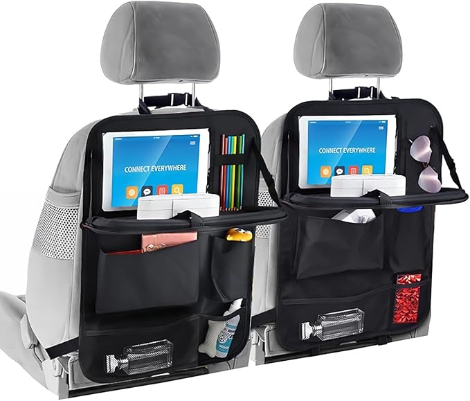 HSEAREA Car backseat organizer,with tablet holder, 6 storage pockets, foldable food tray, car seat back protectors kick mats, travel accessories, black (2)