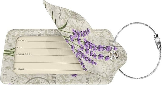 2 Pcs Purple Lavender Luggage Tags for Women Girls Travel, Cute Flower PU Leather Bag Tags Baggage for Suitcases with Stainless Steel Loop & Privacy Name ID Card Cover Identifiers Labels Set