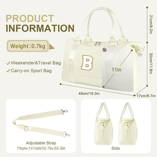 Dance Gym Duffel Bag for Teen Girls, Personalized Initial Travel Weekender Bag,Cute Overnight Carry On Duffle for Women,Sports Travel Cheer Bag,Monogram Christmas Gifts for Tween Preppy(beige-B)