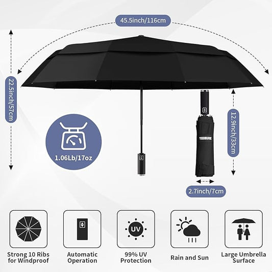 Yoobure Windproof Travel Umbrella with Wood Handle - Automatic Umbrellas for Rain & UV Sun Protection, Compact 46" Large Canopy, Lightweight Backpack Portable for Walking & Outdoor