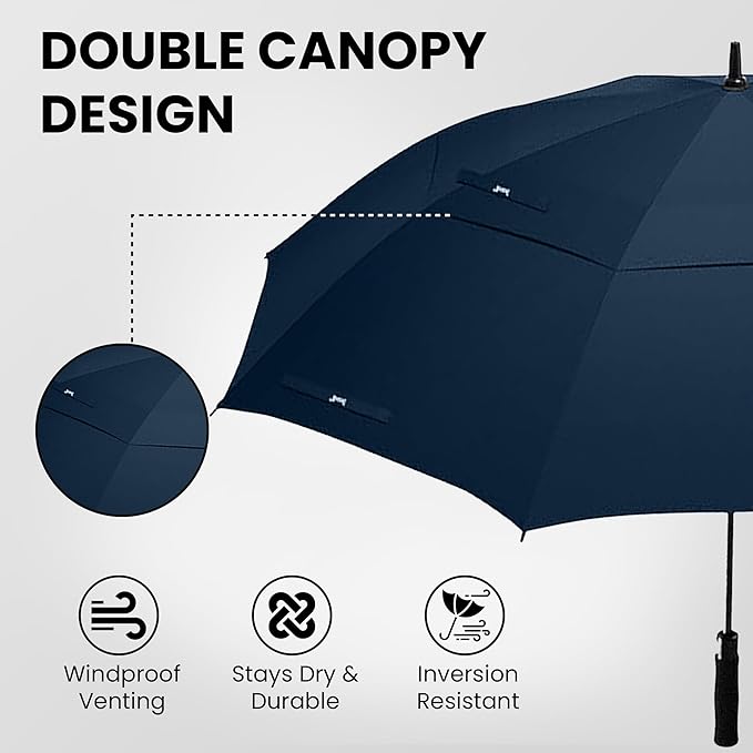 Golf Umbrella Windproof - 62/54/47 Inch Large Umbrellas For Rain Heavy Duty - Automatic Open Ultimate UV Protection - Water Repellent Double Canopy Vented - Best Sports Umbrella