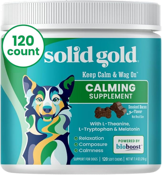 Solid Gold Stress & Anxiety Calming Chews 120ct & Food Topper Kibble for Dogs Plasma Powered High Protein Meal Topper 1 LB