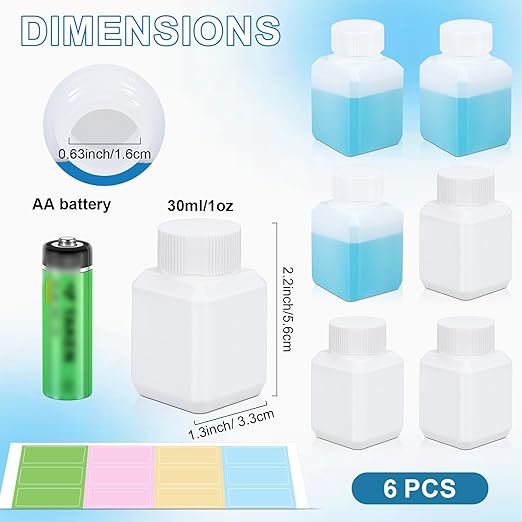 1oz Leak Proof Plastic Bottles with Caps, Laboratory Reagent Bottle, Reusable Small Pill Storage Containers for Travel, Classrooms, Home (3 pack white, 3 pack translucent)