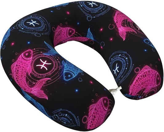 Neck Travel Pillow, Women Men Washable Airplane Car Pillows Neon Fish Zodiac Pisces, Head Support Rest U Shaped Cushion Comfortable for Watching TV