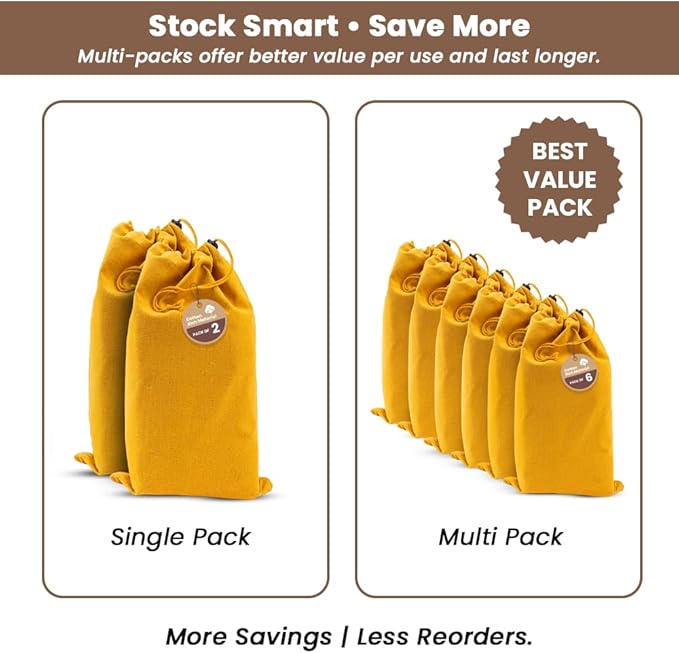 LFH Cotton Rich Shoe Storage Bags with Drawstring, Dustproof Breathable Reusable Organizer, Perfect For Travel, Dorm, Hotel, College, Gym, Easy to Carry, Machine Washable 8"x17" (Pack of 2) - Golden