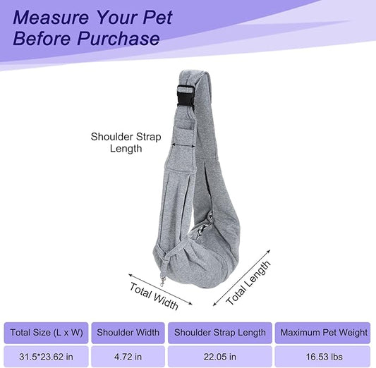PETAXCELL Dog and Cat Sling Carrier Up to 16.5 Lbs, Hand-Free Reversible Pet Sling Carrier with Adjustable Strap and Pocket, (Grey, 1 Pcs) Intended for Hiking/Camping/Traveling