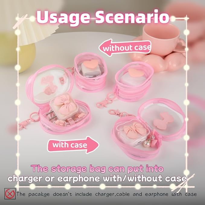 Charging Cable Storage Bag, Lovely 3D Love Heart Waves Design Transparent Compact Travel Cables Carrying Storages Case Electronic Accessories Charger Cord Wire Organizer, Pink Love