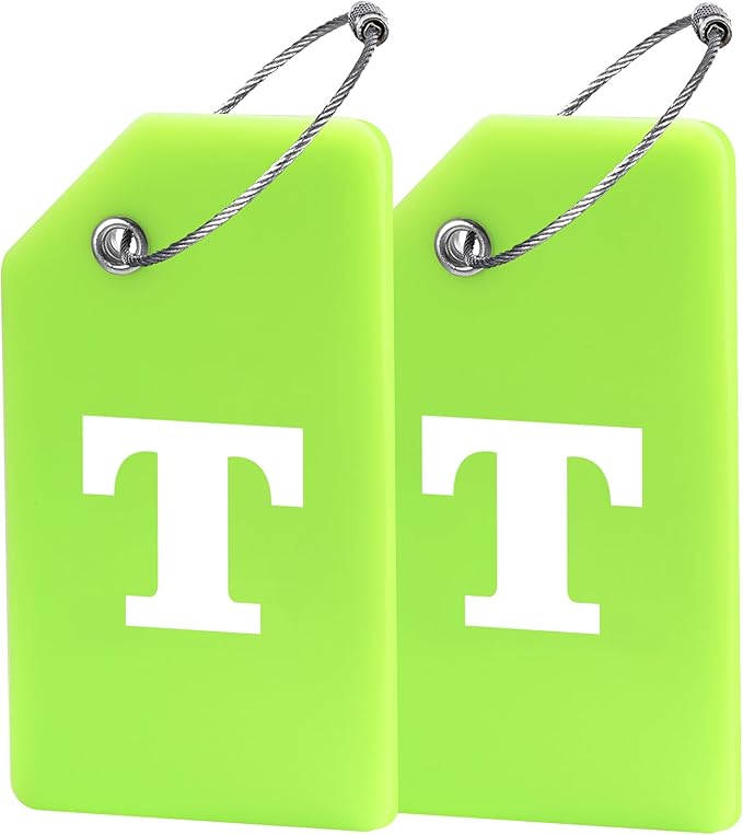 Gostwo 2 Pack Silicone Luggage Tags for Suitcases, 26 Initial Letter Baggage Labels Handbag School Bag Suitcase Instrument Tag with Stainless Steel Loop(Green)(Letter T)