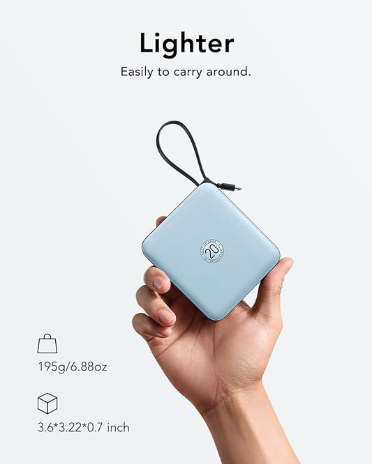 VRURC 10000mAh Portable Charger for iPhone with Built-in Cables, PD 20W Fast Charging Power Bank, Battery Pack for iPhone 16 15 14 13 Samsung Galaxy S25 S24 Series Android, Blue(1 Pack)