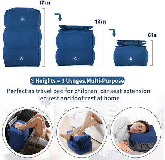 ZIQIAN Inflatable Travel Foot Rest Pillow Portable Adjustable Three Layers Height Foot Stool for Airplanes, Cars, Home, Trains, Office to Lay Down or Sleep on Long Flights with Pump(Blue 1PACK)