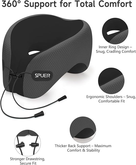 Travel Pillows for Airplanes, Neck Pillow Airplane, Airplane Travel Accessories with Eye Mask, Earplugs & Storage Bag, Ergonomic Memory Foam Neck Pillow for Sleeping, Flights, Cars (Dark Gray & Black)