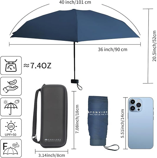Compact Mini Windproof Travel Umbrella-UPF 50+ Sun & Rain Protection, Small Folding Design Fits in Pocket or Purse, Lightweight Portable with Case for Women, Men & Kids
