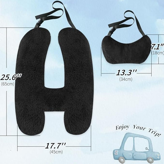 Soft Plush Car Pillow Travel Pillow for Kids with Neck Support Headrest, H-Shape Car Pillows for Kids Sleeping on Long Road Trips, Adults Child Car Seat Pillow, Body Support Travel Accessories, Black