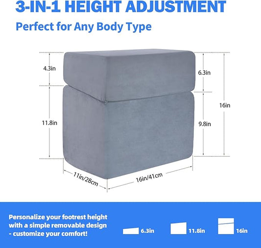 Adjustable Foot Rest for Under Desk - 3-in-1 Ergonomic Foot Stool with Zipper Connection, 6.3"/11.8"/16" Height Adjustable for Office, Home & Gaming (Gray)