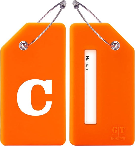 Gostwo 2 Pack Silicone Luggage Tags for Suitcases, 26 Initial Letter Baggage Labels Handbag School Bag Suitcase Instrument Tag with Stainless Steel Loop(Orange)(Letter C)