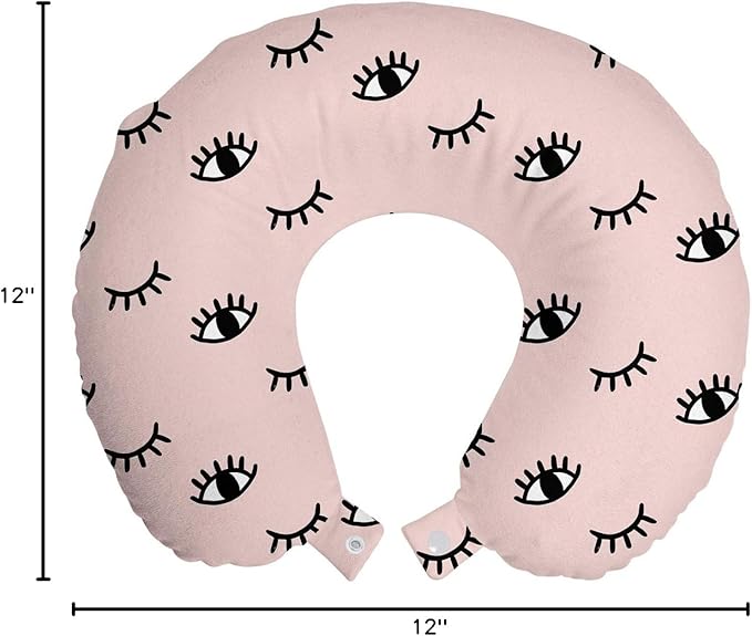 Ambesonne Eyelash Travel Pillow Neck Rest, Doodle Style Open and Closed Eyes Hand Drawn Sketch Abstract Kids Design, Memory Foam Traveling Accessory for Airplane and Car, 12", Rose Black White
