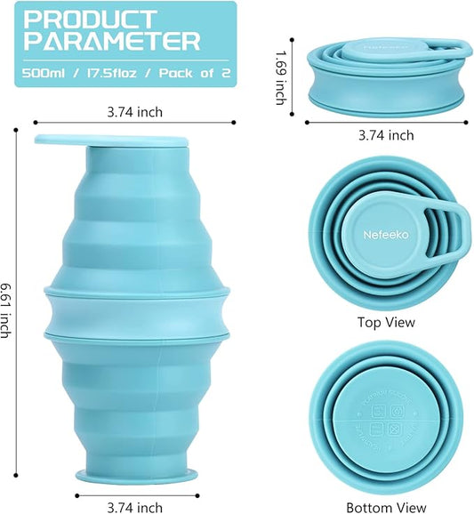 Nefeeko Collapsible Water Bottle,17oz(500ml) Reuseable BPA Free Silicone Foldable Water Bottles for Travel Gym Camping Hiking, Portable Leak Proof Sports Water Bottle with Carabiner