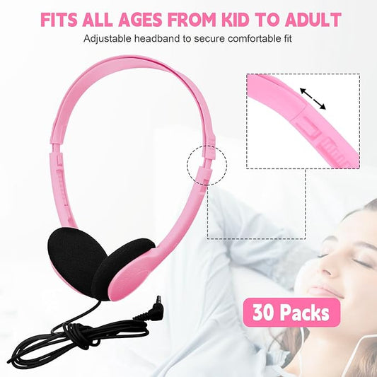 Konohan 30 Pack Headphones Bulk Headphone for School Classroom Student Wired Headphones Adjustable with 3.5 mm Jack for Adults (Pink)