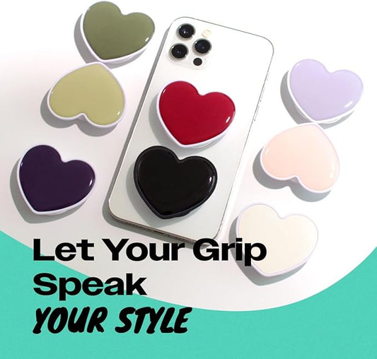 OnTheGrip Cute Solid Macaron Color Heart Shape Collapsible Mobile Phone Grip Stand Holder for Smartphone Tablet Cell Phone Accessory (Black)