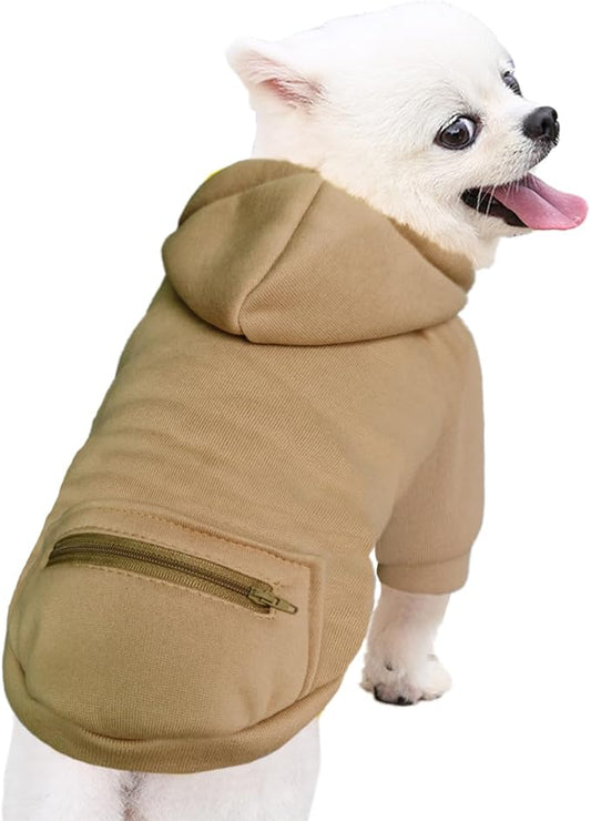 Jecikelon Pet Dog Cold Weather Coat with Pocket Winter Dog Hoodie Warm Puppy Clothes for Small Dogs Chihuahua Clothing (Khaki, XX-Small)