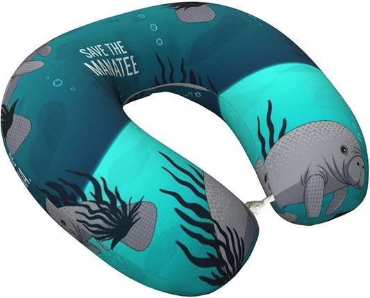 Neck Pillows for Travel Crazy Save Manatee, Women and Men Airplane Car Pillow, Neck Support U Shaped Pillow for Rest Pain Relief Sleeping