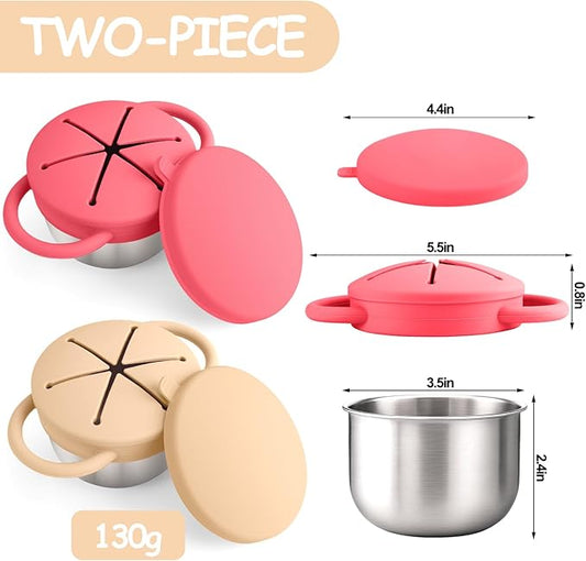 2-Pack Stainless Steel Snack Containers for Kids with Spill-Proof Silicone Lids & Handles - 3-in-1 Baby Snack Cups, No-Spill Toddler Snack Box, Perfect for On-the-Go Healthy Eating(Yellow+Red)