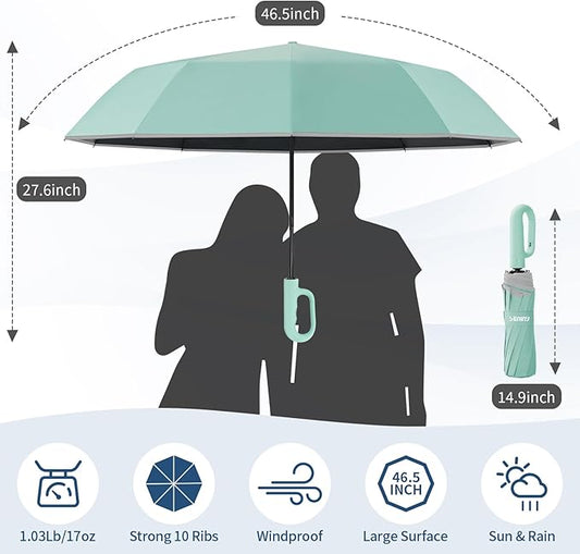 Seniny Travel Umbrella with Carabiner Handle, Windproof Large Umbrellas for Rain with Dual-Rib Structure, Portable Compact Umbrella with Reflective Strip, Car Backpack UV Umbrellas for Sun Protection