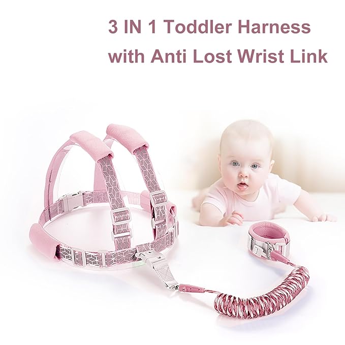 Reflective Toddler Harness with Anti Lost Wrist Link- 3 in 1 Baby Safety Leash with Key Lock Design for Boys/Girls, Walking Wristband Rope Protection Tether Belt, Pink