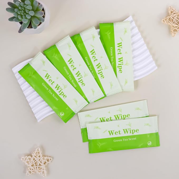 Individual Hand Wipes, 300 PCS Wet Wipes Individually Wrapped, Wet Napkins Travel Size for Wedding, Barbecue, Restaurant, Green Tea Scent