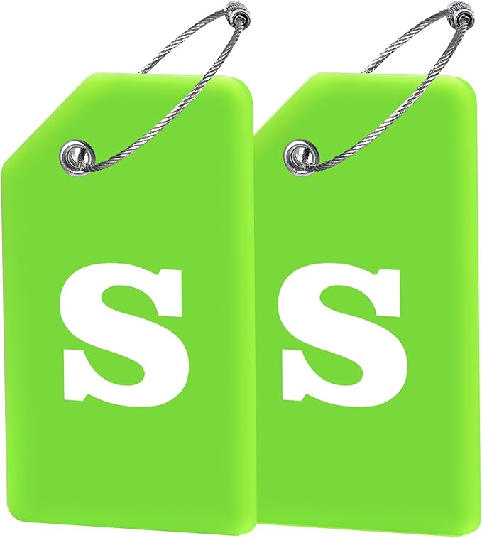 Gostwo 2 Pack Silicone Luggage Tags for Suitcases, 26 Initial Letter Baggage Labels Handbag School Bag Suitcase Instrument Tag with Stainless Steel Loop(Green)(Letter S)