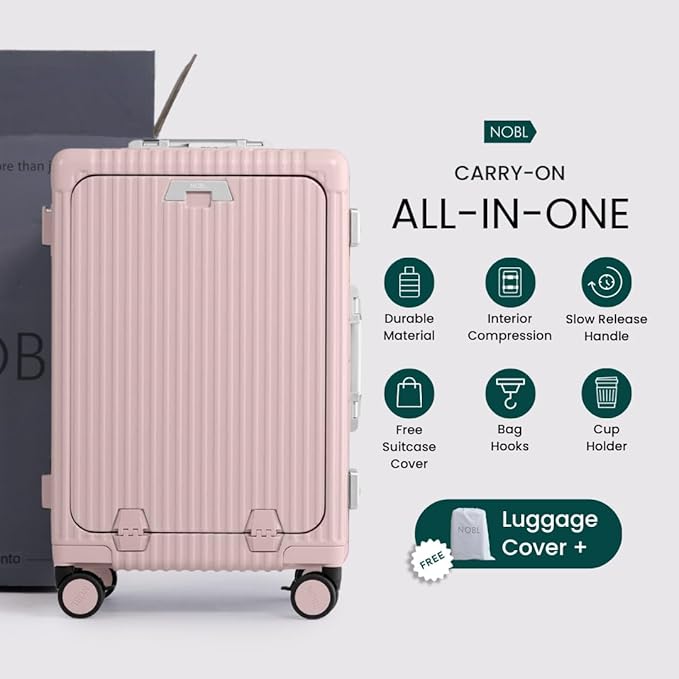 Nobl Travel Carry On Luggage, Noble Zipperless Aluminum Frame PC Hard Shell Suitcase, 22.5x15x9.5 Airline Approved, 360° Spinner Wheels, TSA Locks, USB Charging Port, Cup & Phone Holder - Pink
