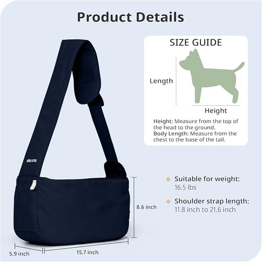 Dog Sling Carrier for Small Dogs and Cats, Lightweight Collapsible Pet Travel Bag with Adjustable Strap, Side Pockets & Breathable Mesh (Navy Blue, 15.7" L x 5.9" W x 8.6" H)