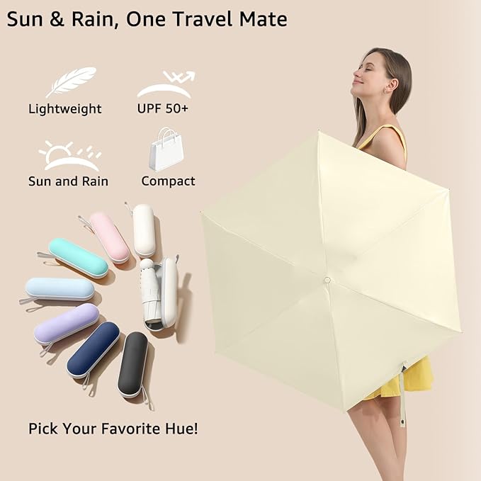 BAODINI Travel Essentials Mini Umbrella for Purse With Case Small Compact UV Sun Protection Lightweight Tiny Pocket Manual Open Close Umbrella for Women Kids and Men Fit Purse Backpack