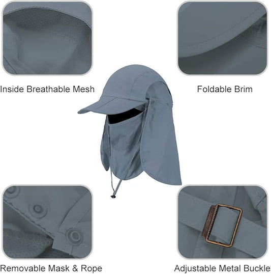 Foldable Sun Cap, Fishing Hats, UPF 50+ Protection Caps with Face Mask Neck Flap
