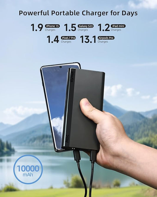 imuto Portable Charger, Slim 20W PD 10000mAh Power Bank, USB C in & Out Fast Charging Battery Pack, Travel Essential External Phone Charger for iPhone, iPad, Samsung, Google, LG