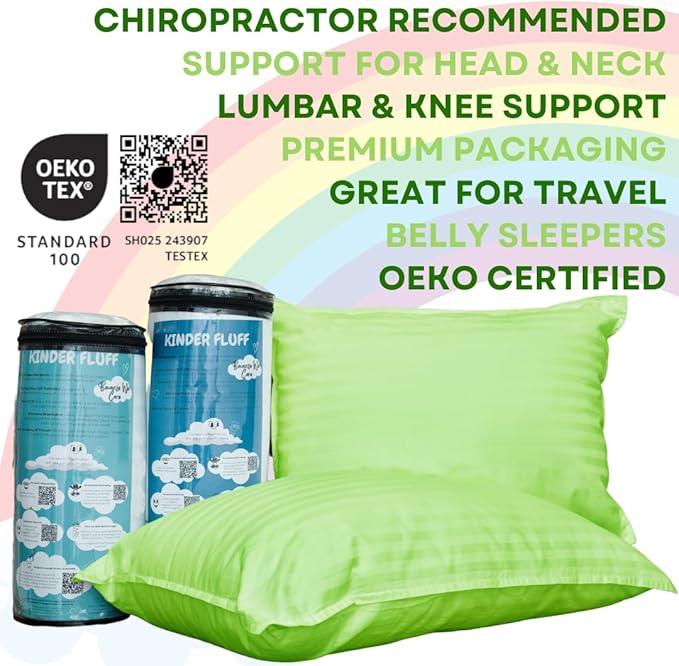 kinder Fluff Children Pillow (2Pack) 10x15in - First Pillow for Kids Age 2+, 100% Cotton Sateen Stripes Shell 300T, Down Alternative Fill, Machine Washable - Children & Travel Cushion - Green - XS