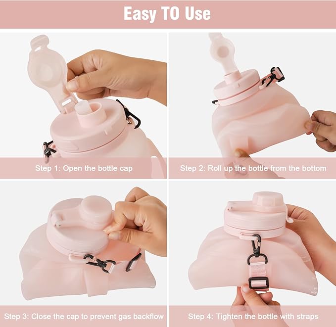 Collapsible Water Bottles, 2L/64OZ travel water bottle Bottle with Straw, Half Gallon Large Water Bottle for Travel Outdoor Sports Runing Fitness Yoga (Upgraded pink)