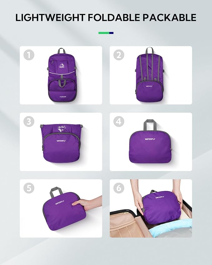 WATERFLY Hiking Packable Daypack Backpack: 35L Ultra Lightweight Day Pack for Woman Man - Large Compact Folding Back Pack for Outdoor Sport Cycling Camping Travel Trip - Purple