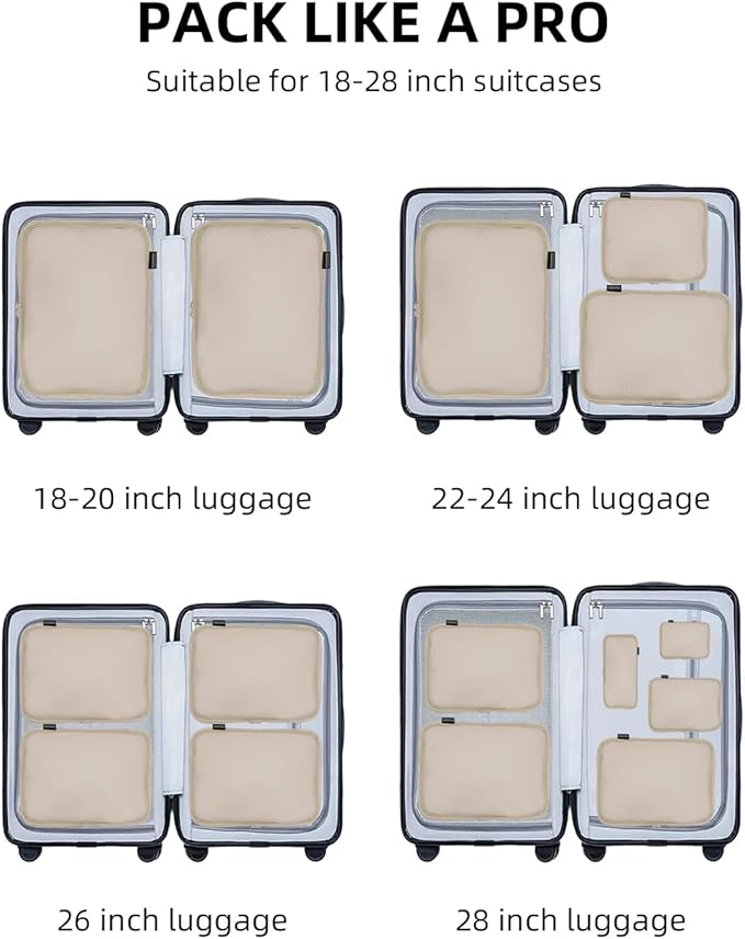 6 Set Compression Packing Cubes for Travel, Large Medium Small Luggage Organizers, Storage Bags for Clothes (6 Pack, Classic Khaki)