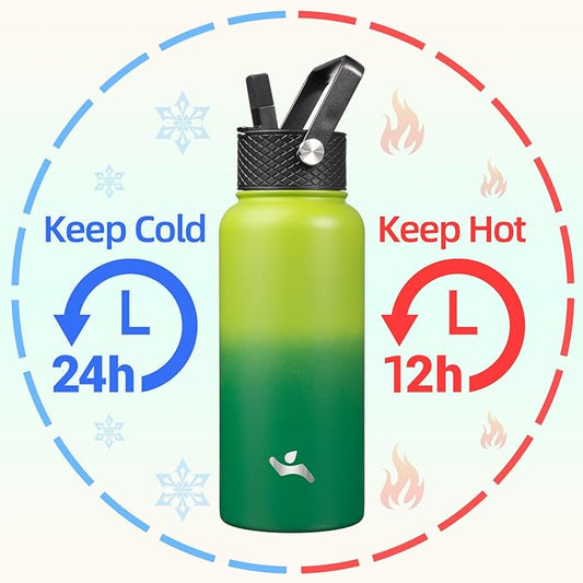 32 oz Insulated Water Bottle Stainless Steel Sport Bottles with 3 Lids,Bamboo Grove