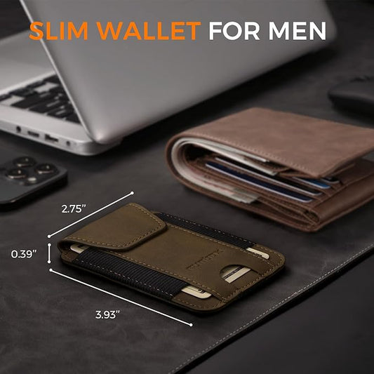 RUNBOX Slim Wallet for Men Front Pocket wallet with Cash Strap Minimalist Leather RFID Blocking wallet