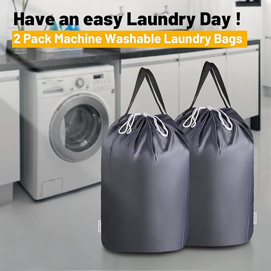 MCleanPin 140L Washable Laundry Bags with Handles,Dirty Clothes Storage for College Dorm or Travel, Laundry Liner Fit Most Laundry Hamper or Basket,2 Pack (Elegant Grey)