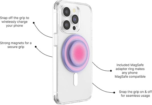PopSockets Phone Grip for MagSafe with Kickstand, Magnetic Stand, Swappable Top, Secure Hold for iPhone MagSafe Cases, Phone & Tablet Grip, Cute PopSockets, Pink, Purple - Aura