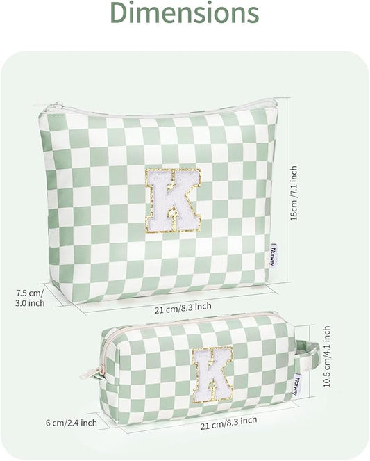 Narwey 2 Piece Personalized Initial Makeup Bag Checkered Cosmetic Bags, 6 8 10 11 12 13 14 16 18 Years Old Teen Girl Gifts Trendy Stuff Birthday Gifts for Women, Travel Toiletry Bag (Green Letter K)